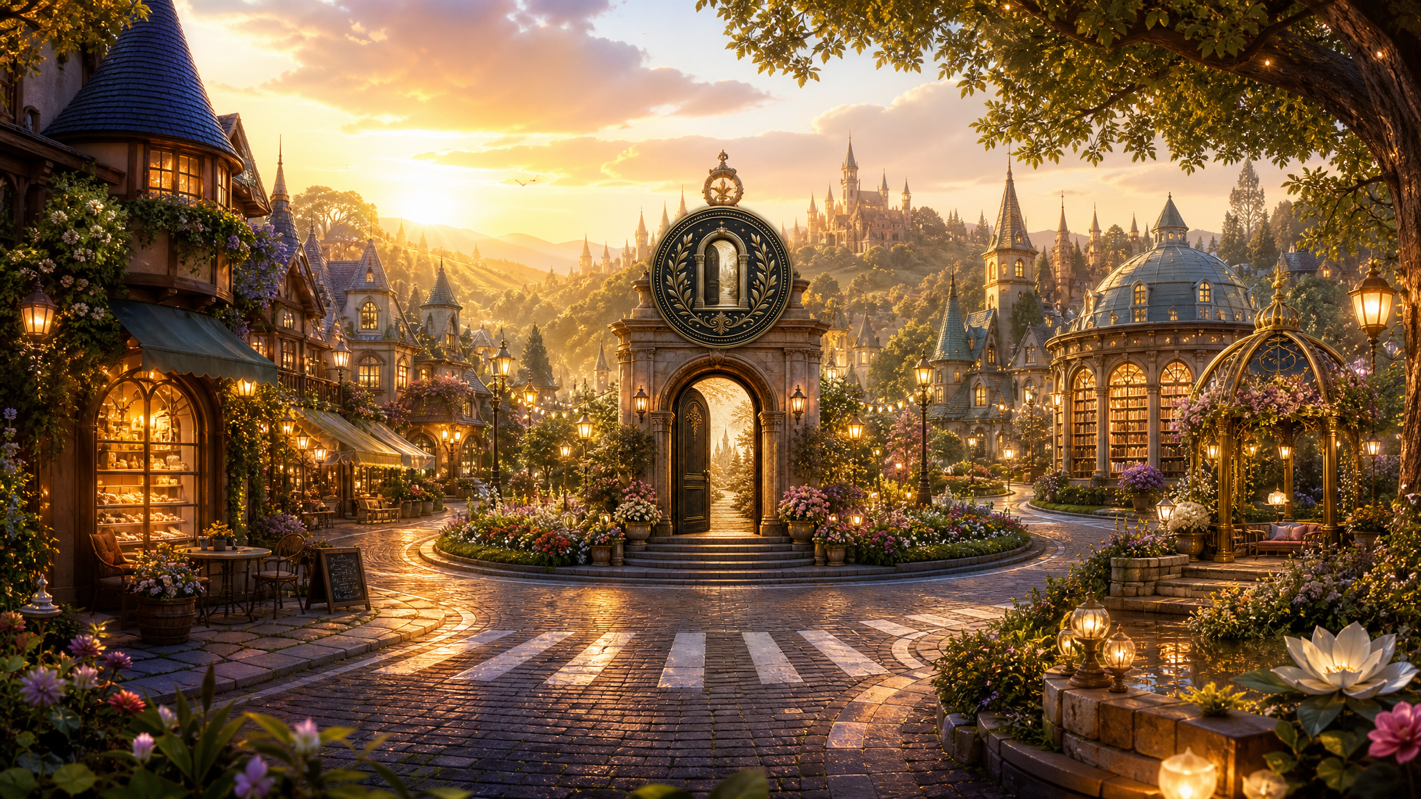 Whimsical World — a magical village with cobblestone paths, glowing lanterns, and a grand archway with the Whimsical World crest